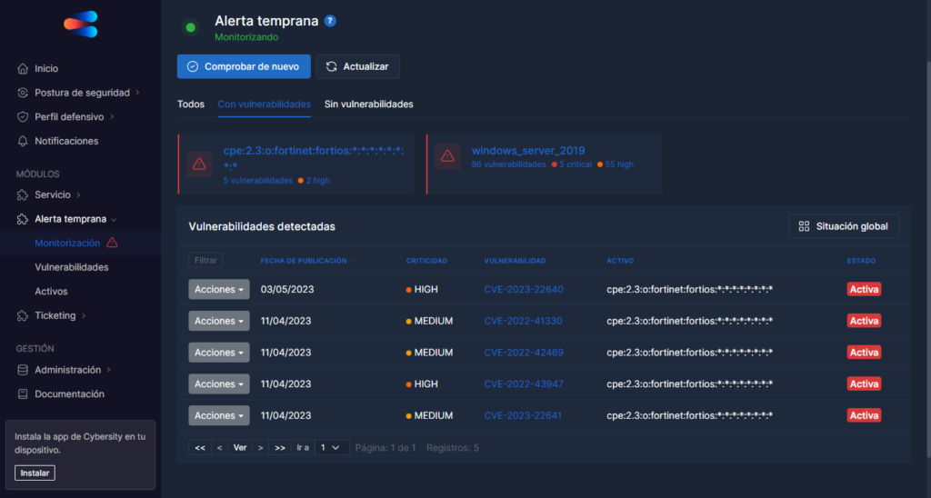 Módulo de alerta temprana de Cybersity para Exposure Management y Threat-Rating